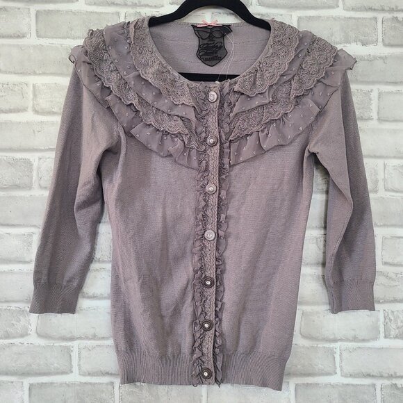 Twelve by Twelve Cardigan Sweater Gray Ruffled Lace Small Whimseygoth Romantic - Picture 1 of 8